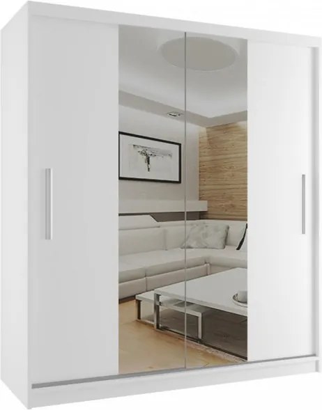 Šatníková skriňa s posuvnými dverami a zrkadlom šírka 158 cm v celkovom bielom vyhotovení - S dojezdem