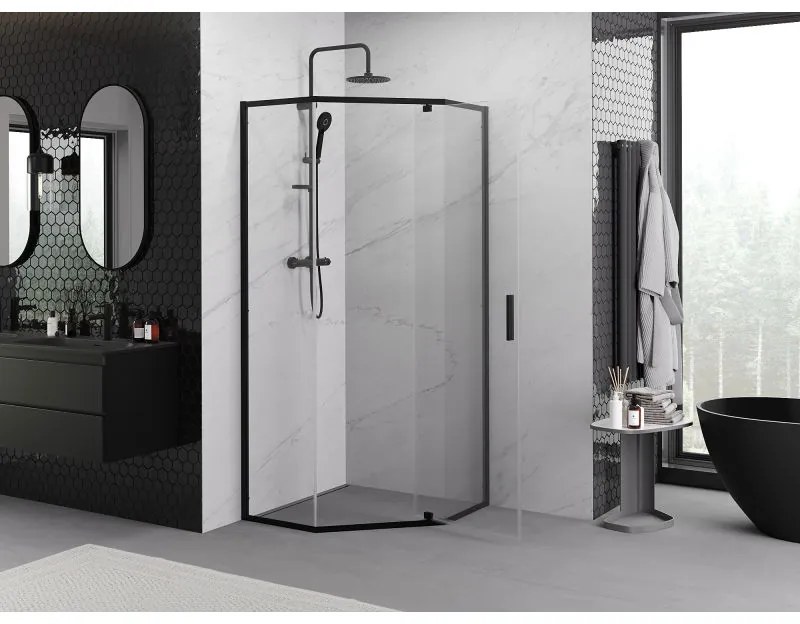 Mexen Exo, päťuholníkový sprchový kút s výklopnými dverami 80 x 80 cm, 6mm číre sklo, čierny profil, 812-080-080-70-00