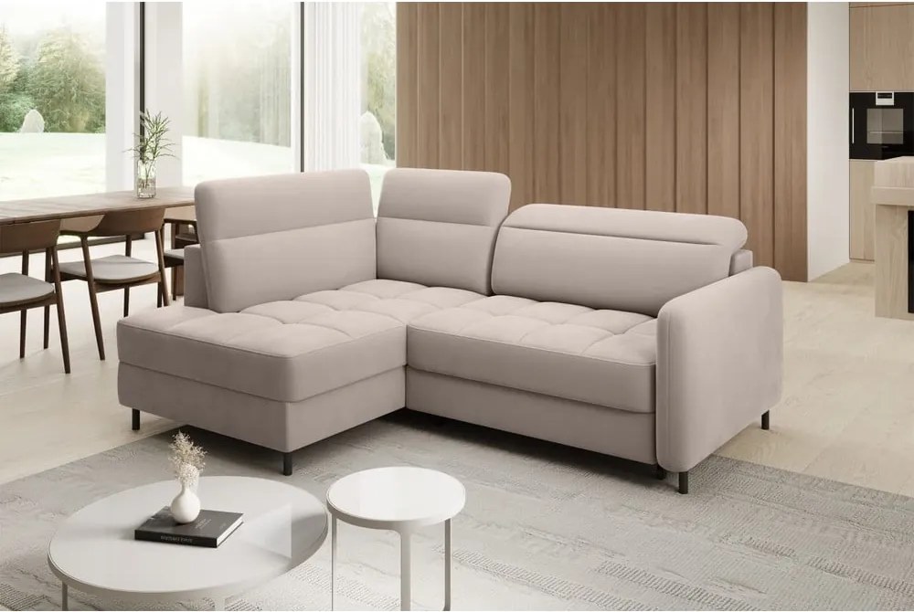 Svetlohnedá zamatová rozkladacia/s úložným priestorom rohová pohovka (ľavý roh/do L) Barea – ELTAP