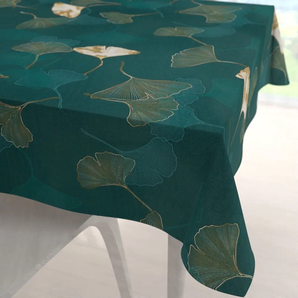 Biante Bavlnený štvorcový obrus Sandra SA-428 Ginkgo listy na petrolejovom 110x110 cm