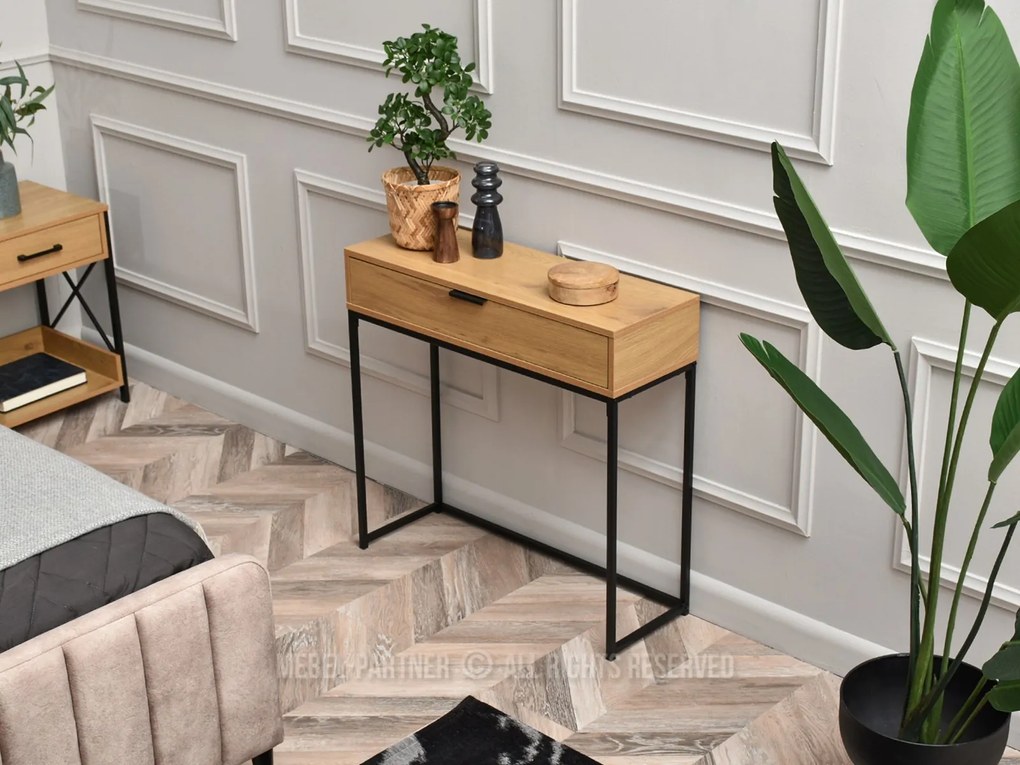 Konzolový stolík Norma M (dub + čierna). Akcia -25%. Vlastná spoľahlivá doprava až k Vám domov. 1110817