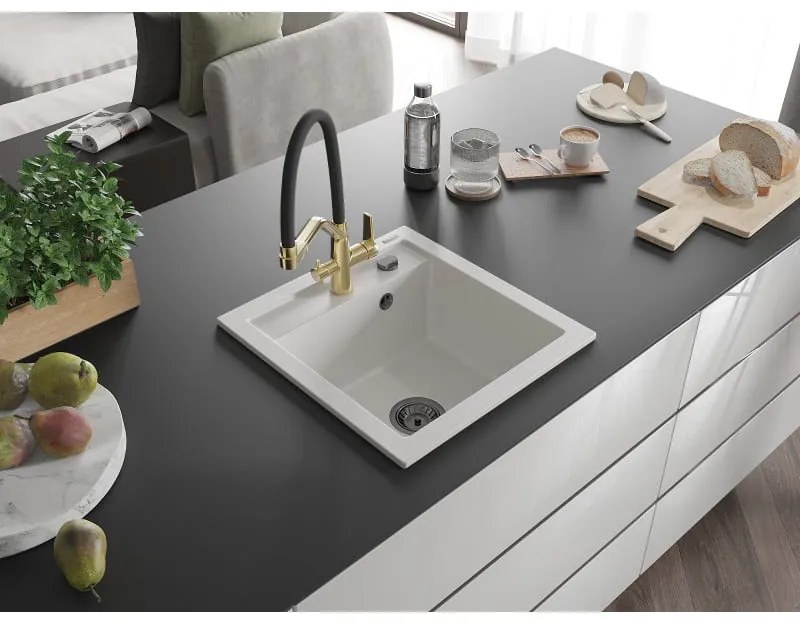 Mexen Vito, 1-komorový granitový drez 520x490x210 mm, drezová batéria Duo, biela, 6503-20-671701-57-B