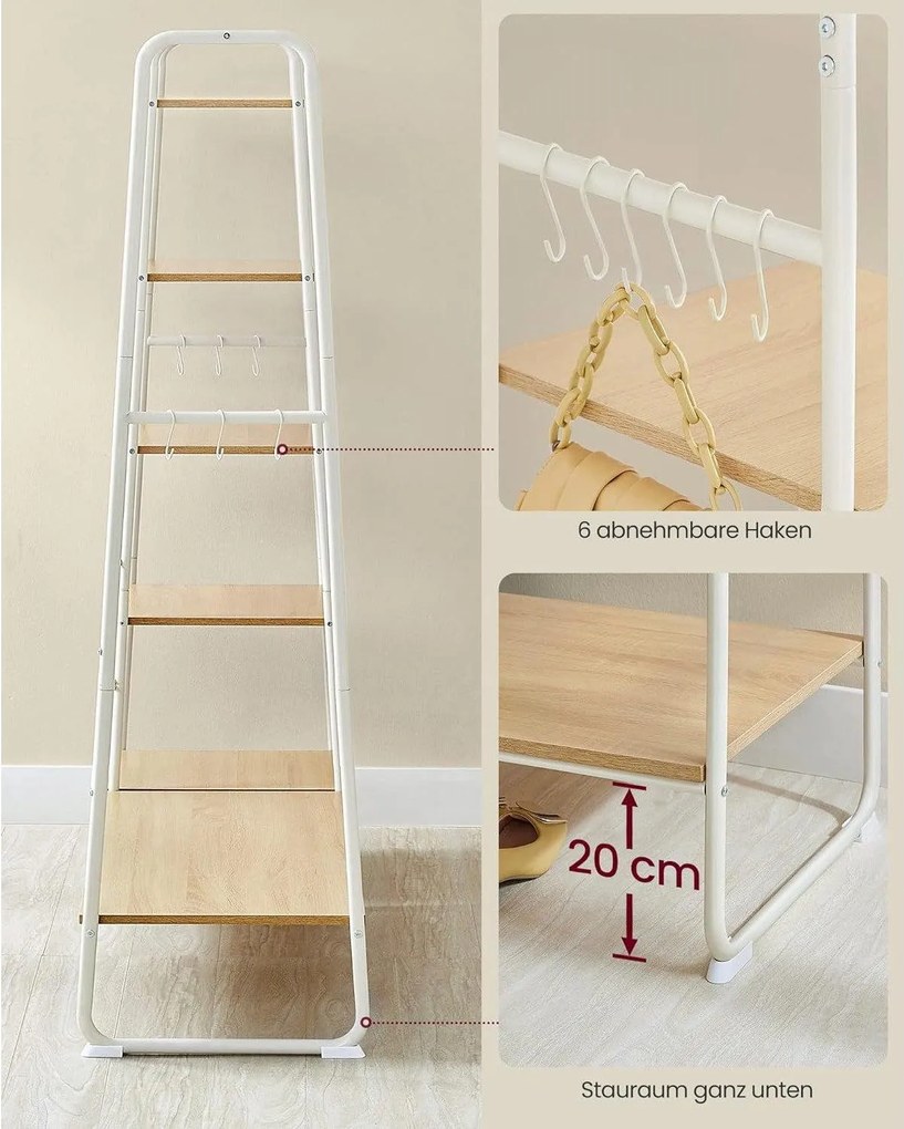 Stojan na šaty s policami, odnímateľnými háčikmi, farba dub a biela