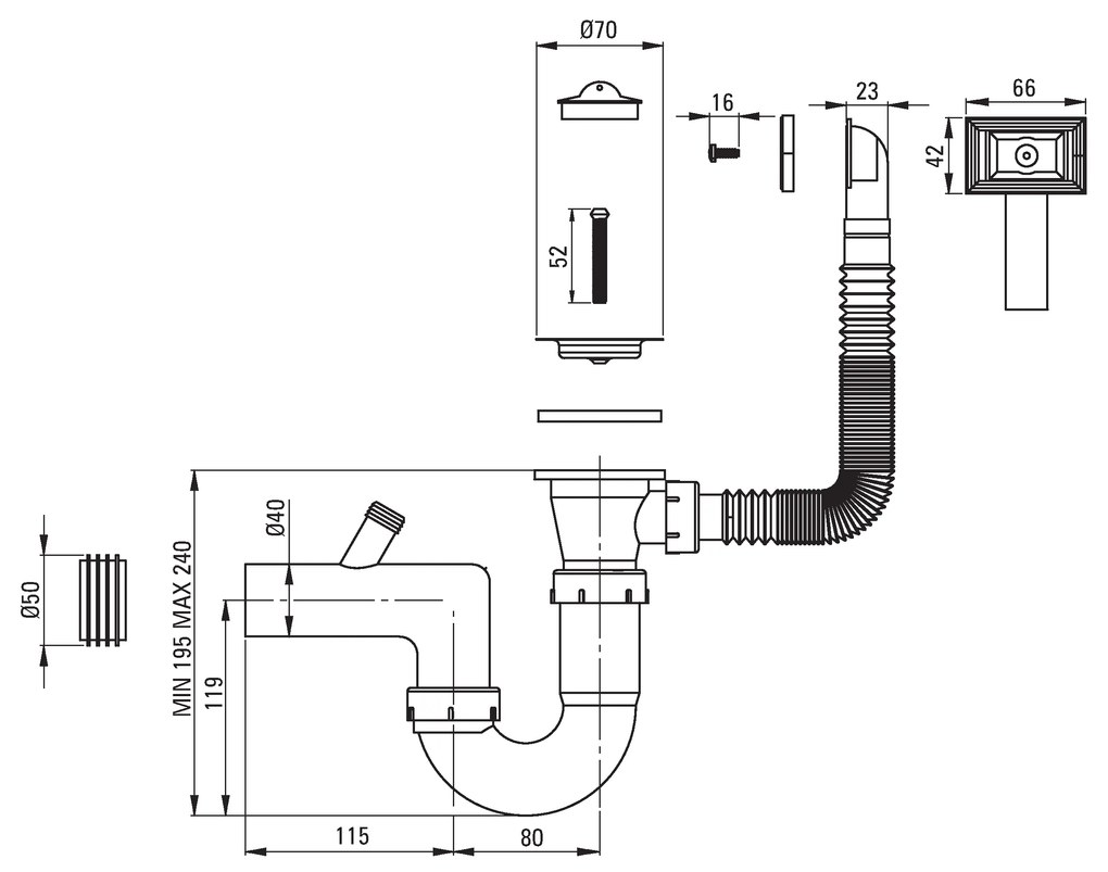 Deante Techno, nerezový drez na dosku 1-komorový B/O 380x380x160 2" + sifón, vzor satyna, ZMU_0100