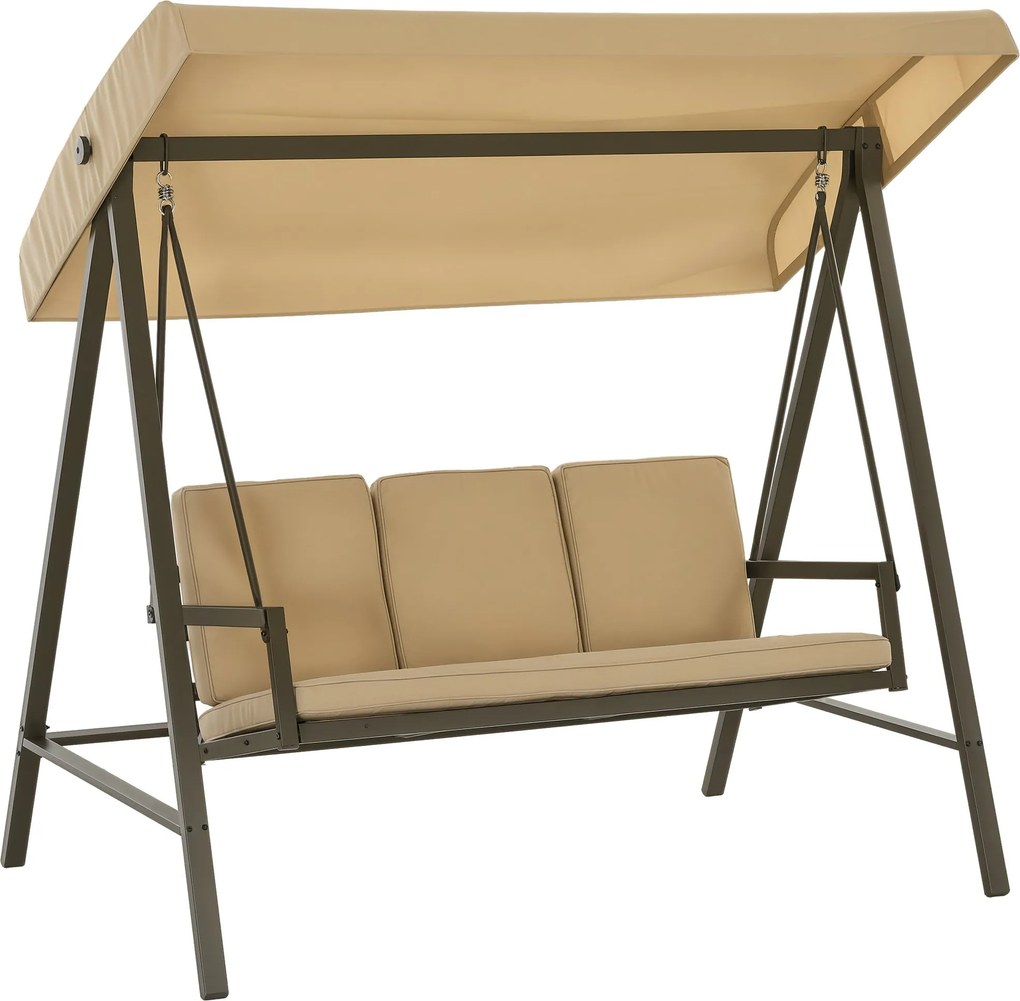 Outsunny Hollywood hojdačka pre 3 osoby s nastaviteľnou strechou, hojdačka s operadlom, záhradná hojdačka s nosnosťou až 360 kg, béžová, 200 x 125 x 1