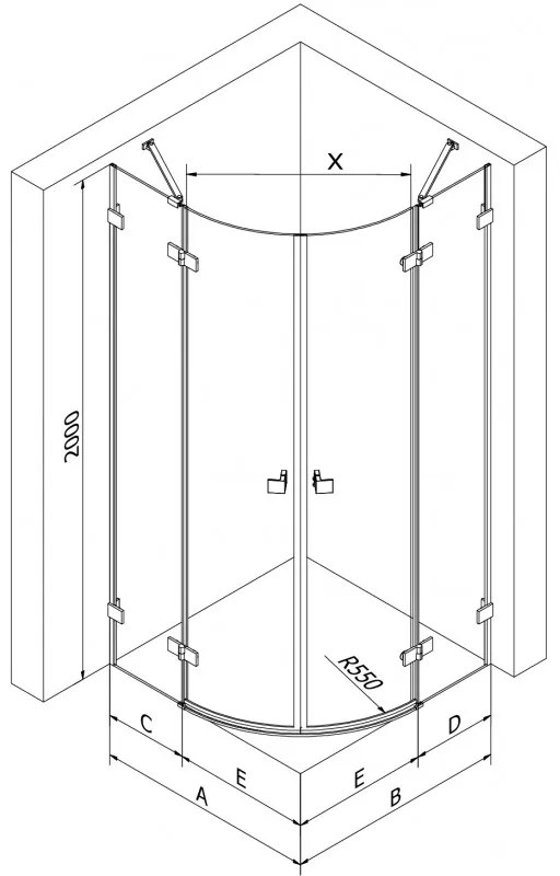 Mexen Lunar, polkruhový výklopný sprchový kút 100 x 100 cm, 8mm číre sklo, chrómový profil, 833-100L-100P-01-00