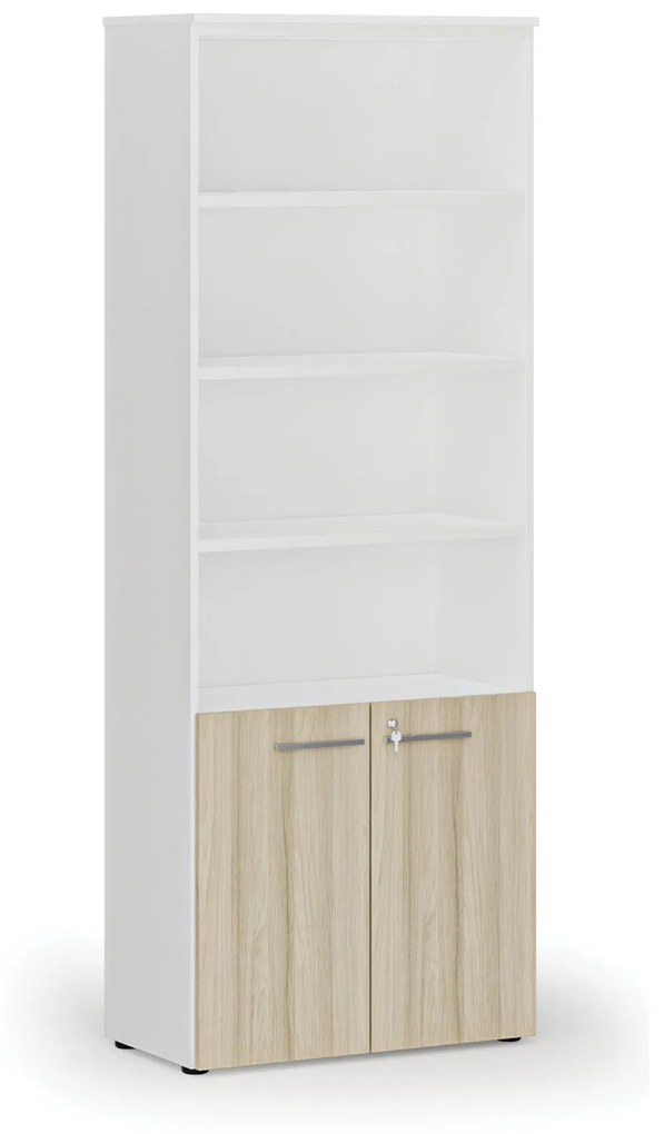 Kombinovaná kancelárska skriňa PRIMO WHITE, dvere na 2 poschodia, 2128 x 800 x 420 mm, biela/dub prírodná