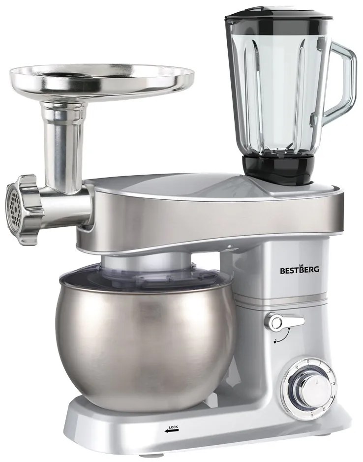 BestBerg BBR-2000S multifunkčný kuchynský robot / 2000 W / 6 l / 6 rýchlostí / strieborný