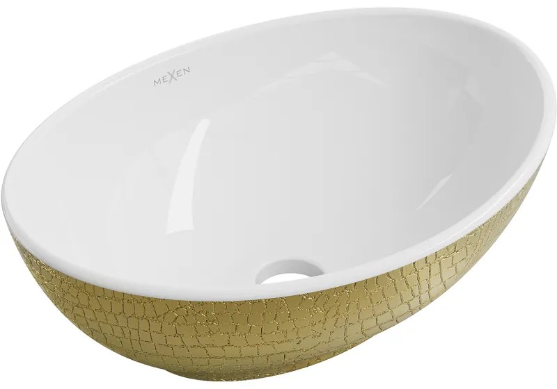 Mexen Elza, keramické umývadlo na dosku 405 x 330 mm, biela-zlatý vzor, 21014008