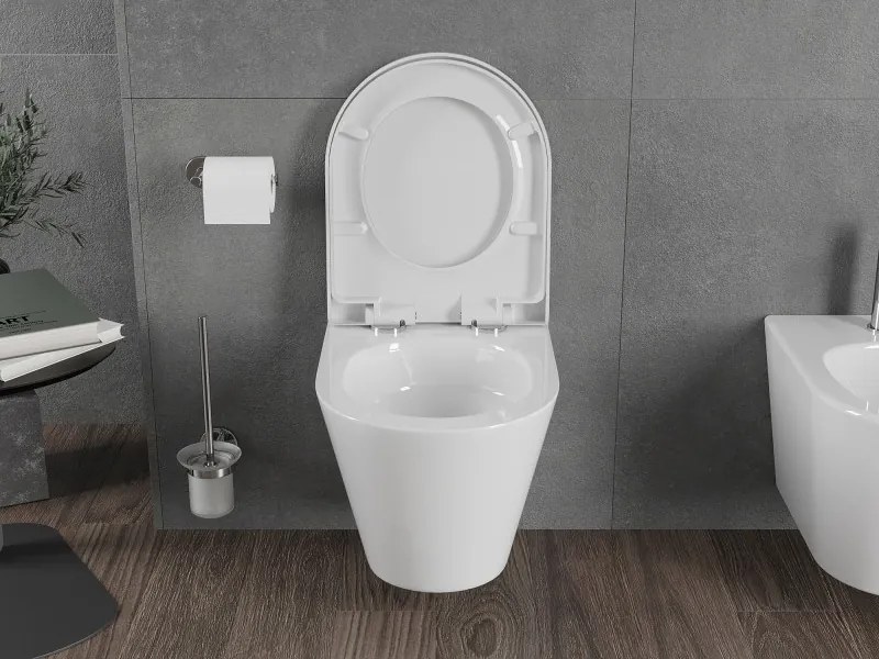 Mexen Rico, závesná WC misa 490x360x370 mm, Rimless Tornádo + WC sedadlo z duroplastu, biela lesklá, 30720200T