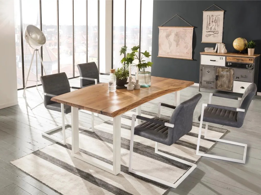 furniture-nabytek.cz - Masívna jedálenská súprava Bullwer so 4 stoličkami Picton, akácia a kov, šedá a hnedá, lakovaná