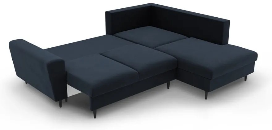 Tmavomodrá zamatová rozkladacia/s úložným priestorom rohová pohovka (pravý roh/do L) Kyoto – Cosmopolitan Design