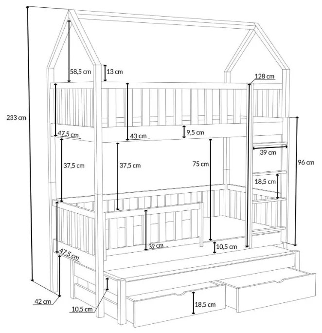 Detská domčeková poschodová posteľ z masívu borovice OTA s prístelkou a šuplíky - 200x90 cm - BIELA