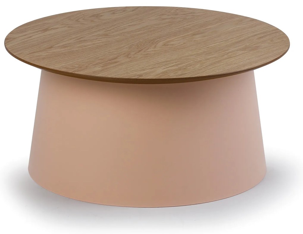 Plastový kávový stolík SETA s drevenou doskou, priemer 69 cm, dub/tehlová