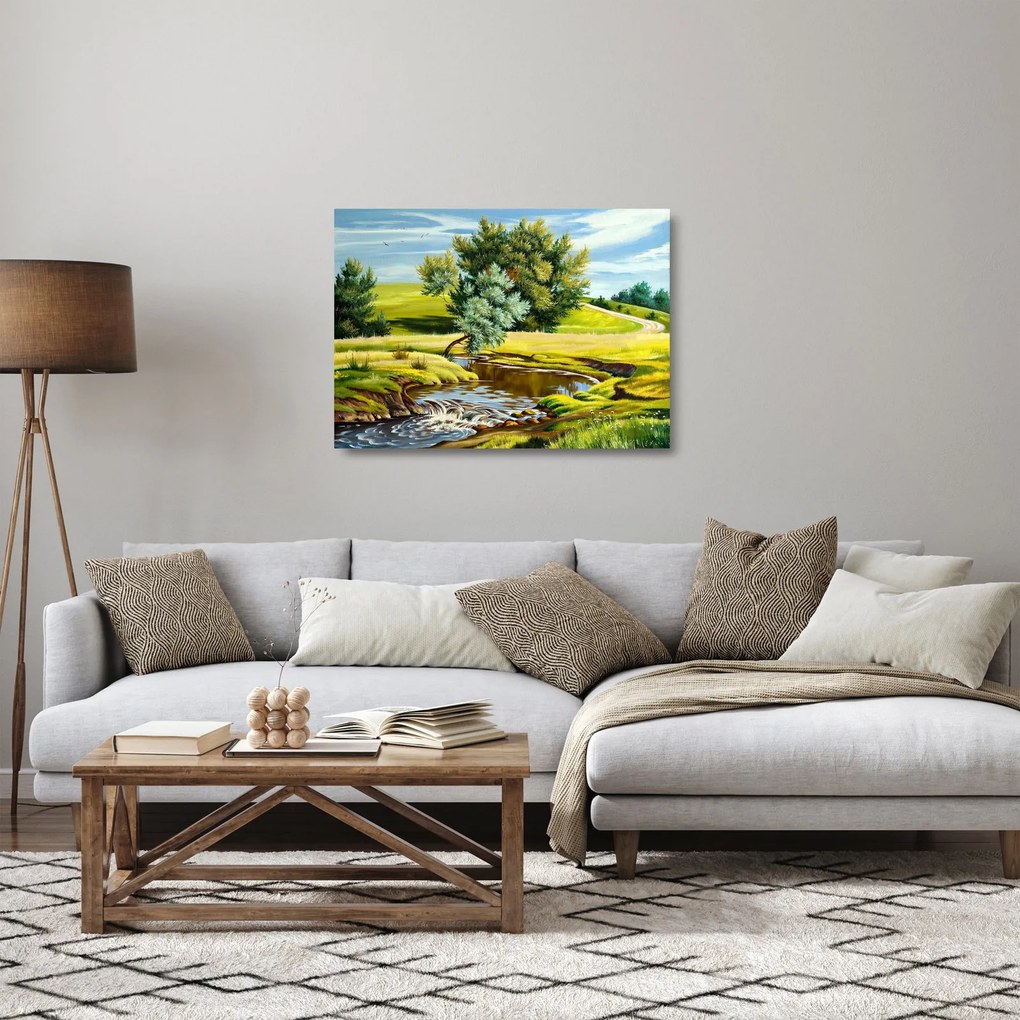 Sklenený obraz - Rieka medzi lúkami, olejomaľba (70x50 cm)