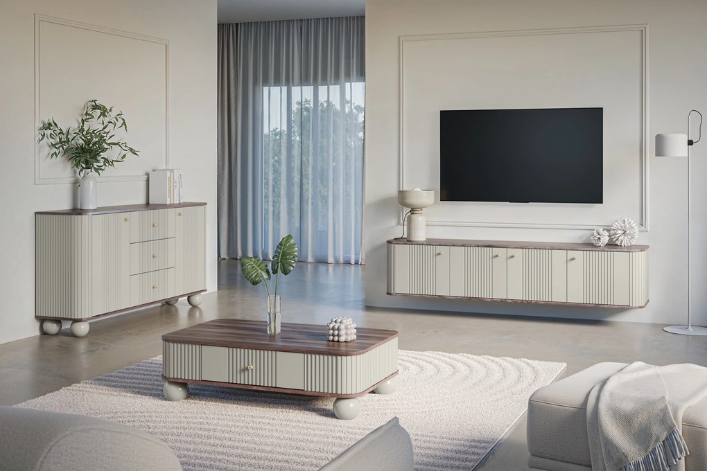 Závesný TV stolík Vespera 4D 187 cm - kašmírová / orech / zlatá