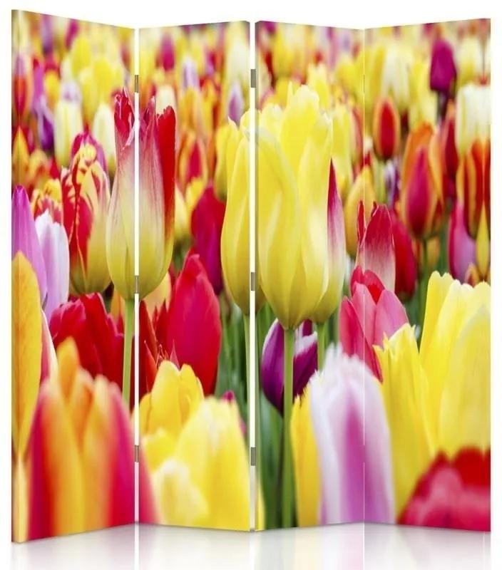 Ozdobný paraván, Pestrobarevné tulipány - 145x170 cm, štvordielny, obojstranný paraván 360°
