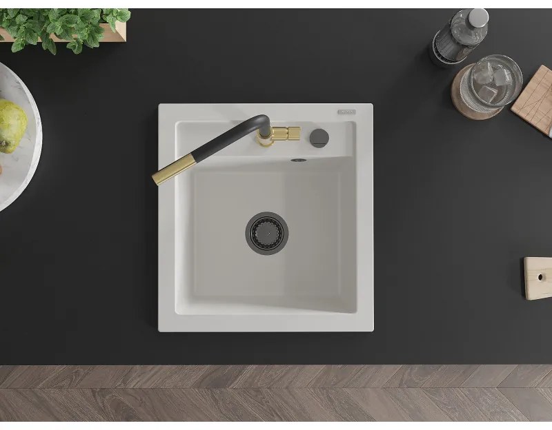 Mexen Vito, 1-komorový granitový drez 490x520x210 mm a drezová batéria Flora, biela, 6503-20-670401-57-B