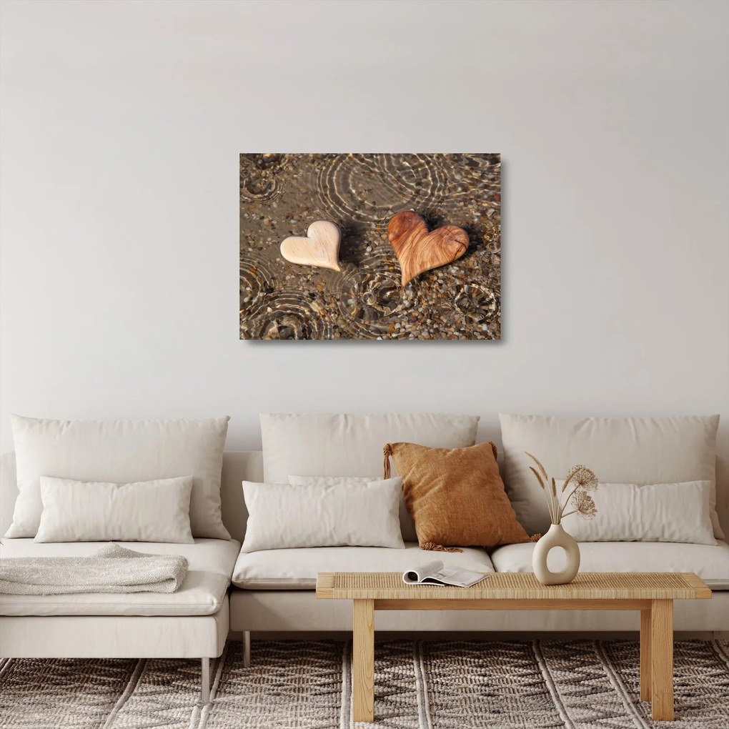 Sklenený obraz - Drevené srdiečka (70x50 cm)