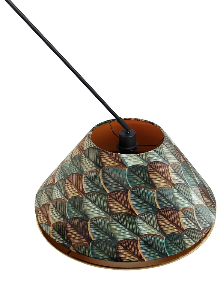 Závesné svietidlo čierne s dvojvrstvovým zamatovým tienidlom s dizajnom listov a béžovou farbou - Blitz