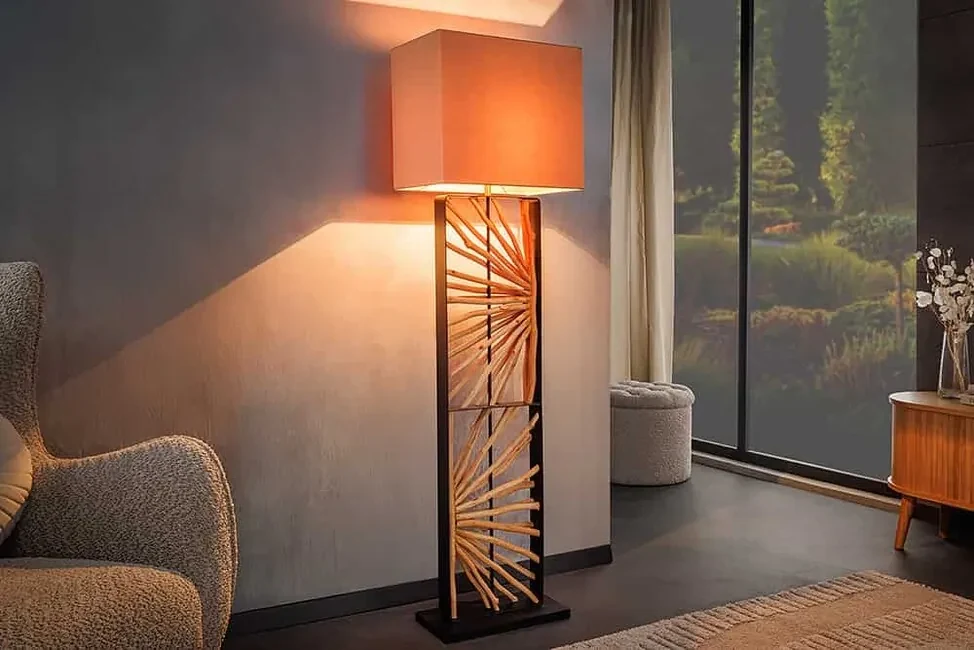 Dizajnová stojacia lampa Surinam prírodné drevo longan 165cm béžová
