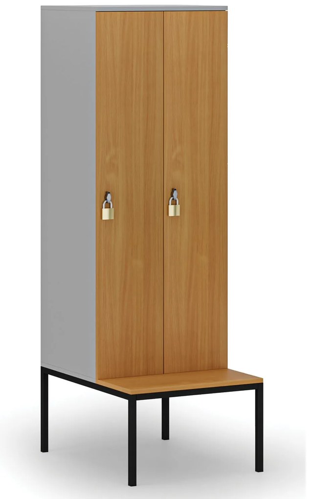 Drevená šatníková skrinka S4 s lavičkou, 2 oddiely, 1871 x 600 x 500/800 mm, demont, otočný zámok, sivá/buk