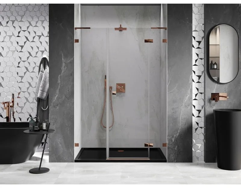 Mexen Lunar L, výklopné pravé sprchové dvere 145 cm, 8mm číre sklo, ružové zlato profil, 834SL-145-050-60-00-P