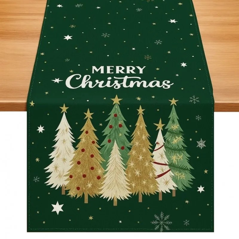 Ľanový vianočný behúň STARLIT TREES 33x180 cm, zelený