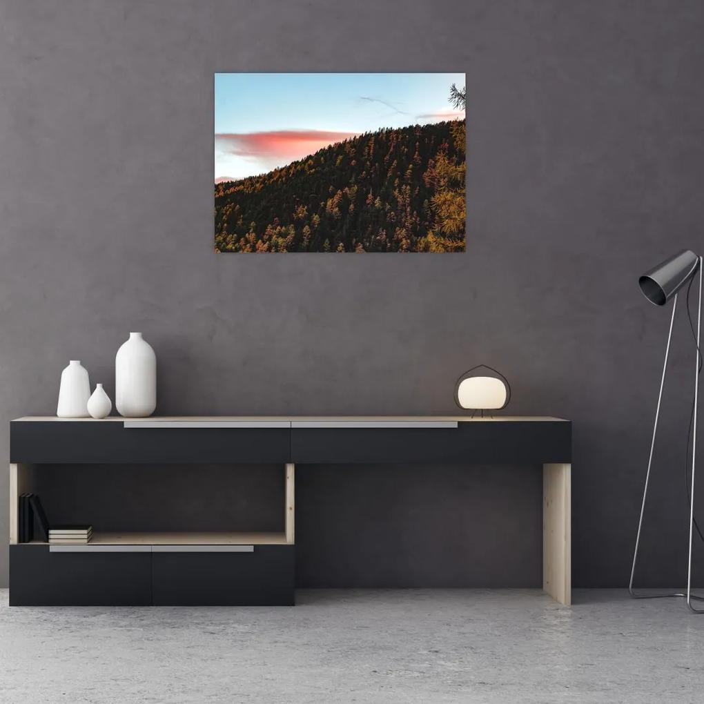 Sklenený obraz červánkov nad kopcom (70x50 cm)