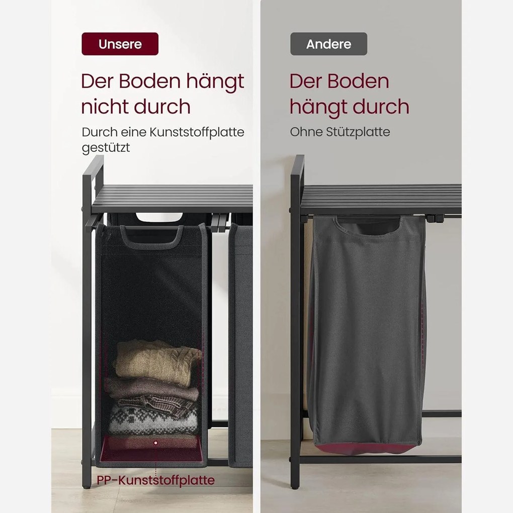 Kôš na bielizeň s 3 priehradkami a poličkou, kovový rám, sivá farba