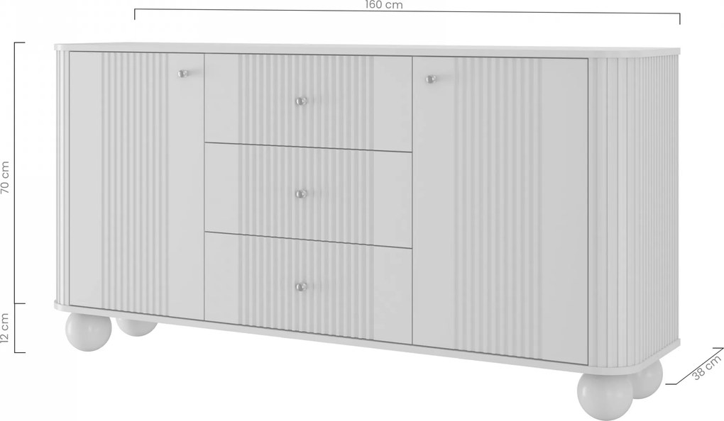 Komoda Vesper 160 cm so zásuvkami na guľatých nohách - čierna / zlaté úchytky / guľaté nohy