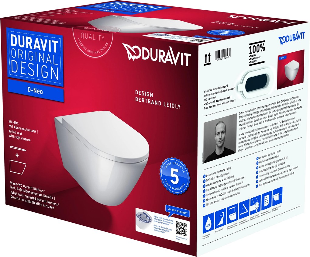 Duravit D-Neo súprava misa + pomaly padajúca doska závesná bez splachovacieho kruhu biela 45770900A1