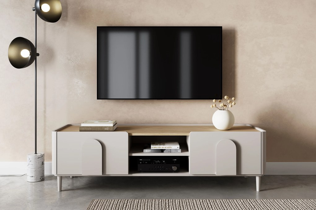 TV stolík Amilio 170 cm so zásuvkou - kašmír / olejovaný dub / úchytky kašmír