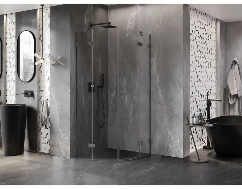 Mexen Lunar, polkruhový výklopný sprchový kút 70 x 70 cm, 8mm číre sklo, grafitový profil, 833-070L-070P-95-00