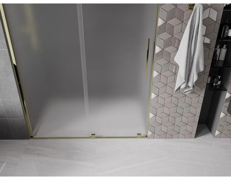 Mexen Velar, posuvné sprchové dvere do otvoru 130 cm, 8mm sklo námraza, zlatá lesklá, 871-130-000-31-50