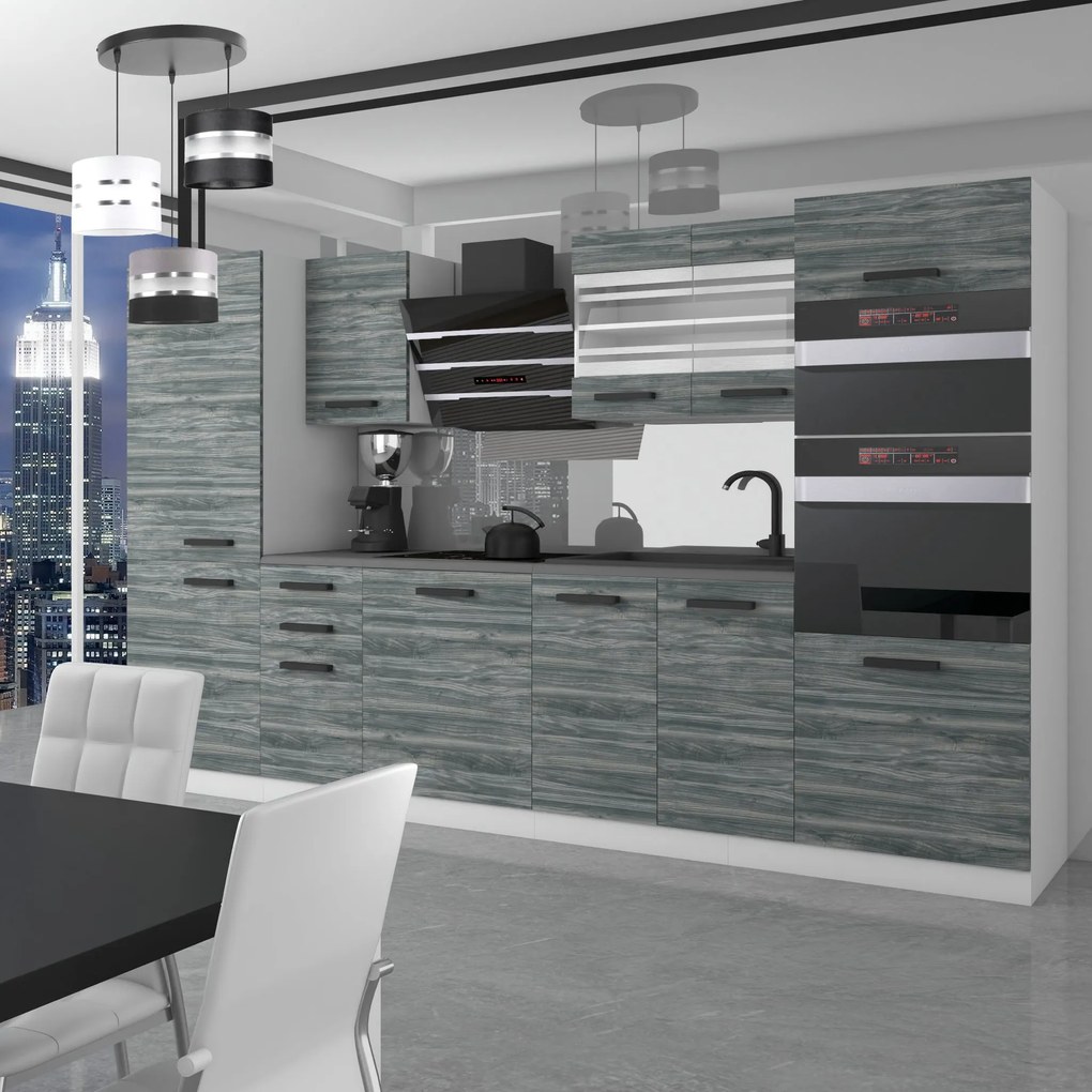 Kuchynská linka Belini Premium Full Version 300 cm šedý antracit Glamour Wood s pracovnou doskou MILA