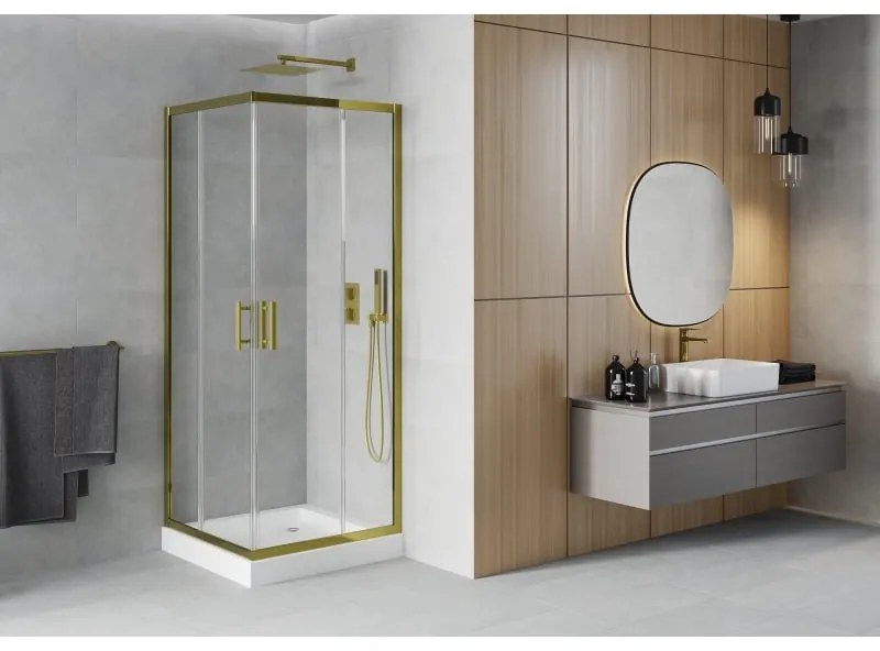 Mexen Rio, štvorcový sprchovací kút s posuvnými dverami 70(dvere) x 70(dvere) x 190 cm, 6mm číre sklo, zlatý profil + Rio sprchová vanička s chrómovým sifónom, 860-070-070-50-00-4510