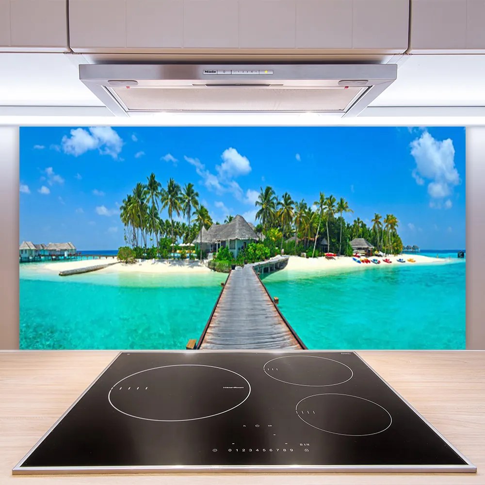 Sklenený obklad Do kuchyne Tropická pláž palmy 120x60 cm