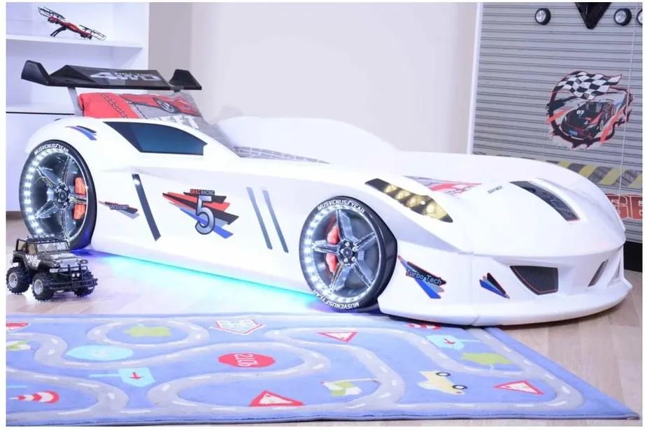 Biela detská posteľ v tvare auta s LED svetlami Speedy, 90 × 190 cm