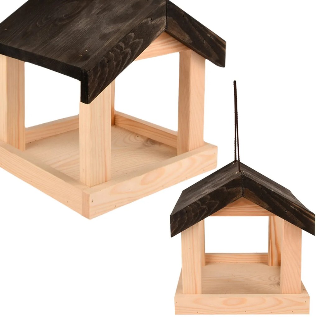 Závesné kŕmidlo pre vtáky Emi, 23x20x20 cm, drevo, hnedá/čierna