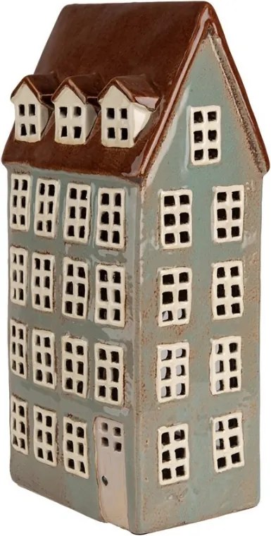 Šedý keramický svietnik na čajovú sviečku domček Amster Village - 15*11*30 cm