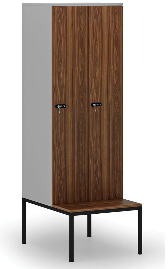 Drevená šatníková skrinka S4 s lavičkou, 2 oddiely, 1871 x 600 x 500/800 mm, demont, mechanický kódový zámok, sivá/orech