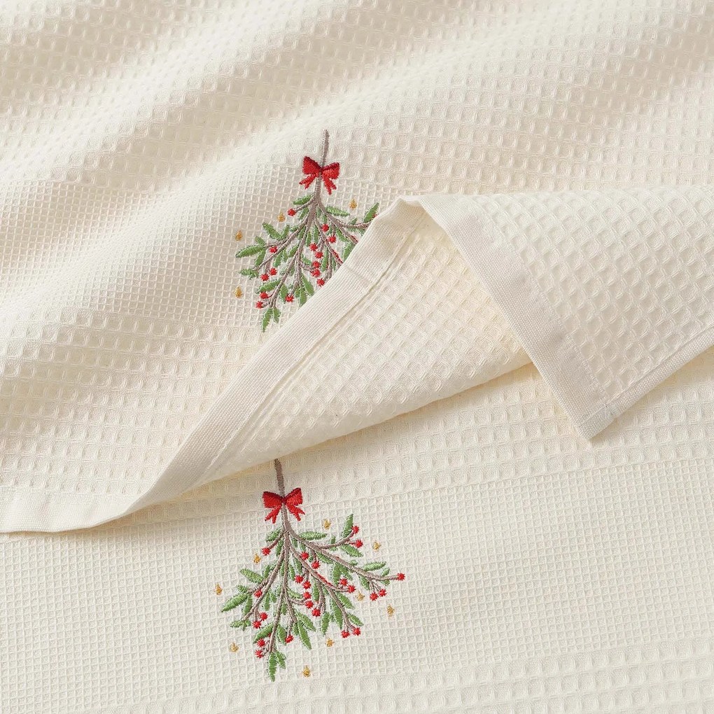 Goldea vianočná kuchynská vaflová utierka s výšivkou - imelo na krémovom 50 x 70 cm