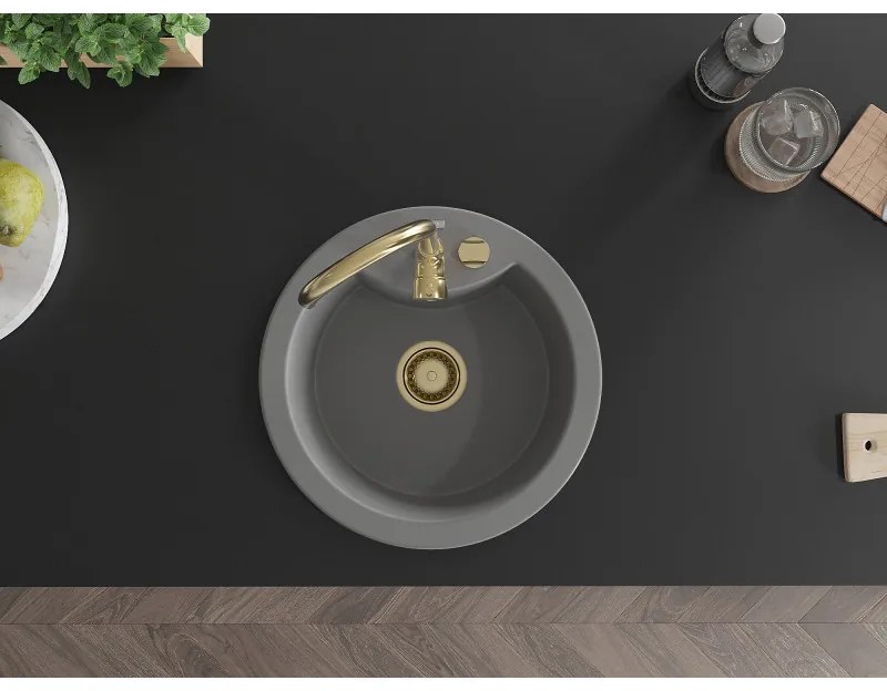Mexen Diego, granitový drez 488x488x167 mm, 1-komorový, šedá so zlatým sifónom, 6512481000-71-G