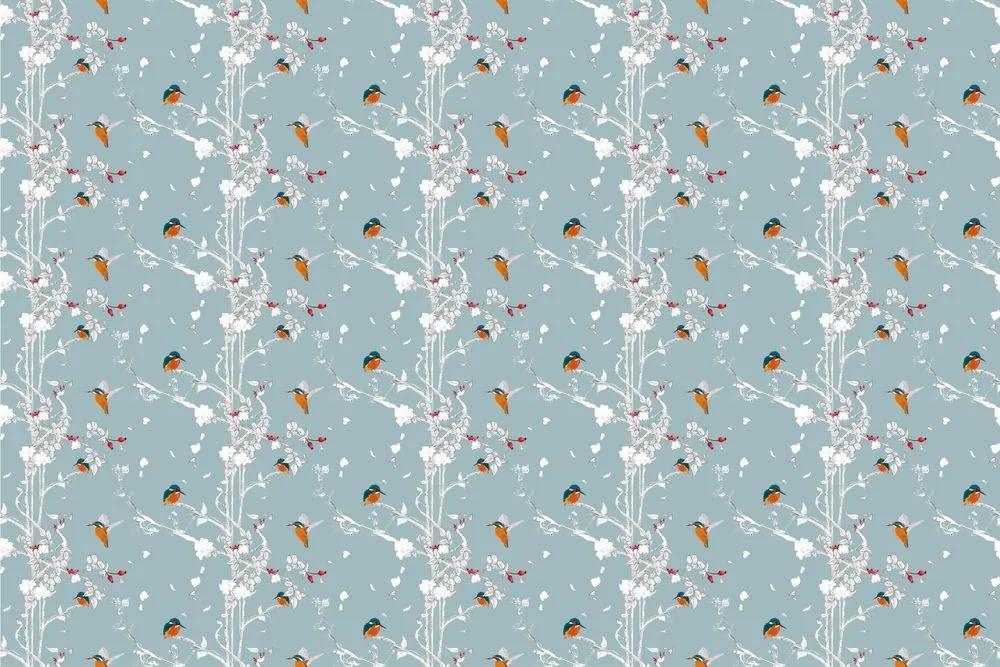 Samolepiaca tapeta vtáčiky v hustom lese s modrým pozadím - 75x1000 cm
