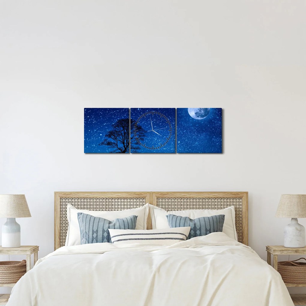 Obraz vlka vyjúci na mesiac (s hodinami) (90x30 cm)