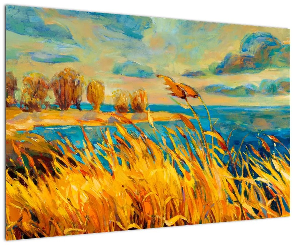 Obraz - Západajúce slnko nad jazerom, akrylová maľba (90x60 cm)