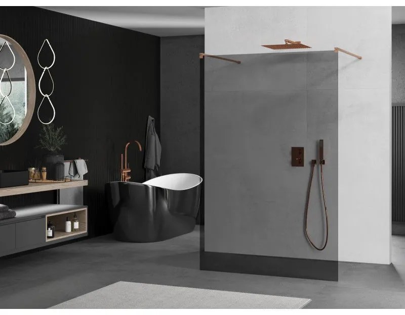 Mexen Kioto, sprchová zástena Walk-In 100 x 200 cm, 8mm šedé sklo, medený matný profil, 800-100-002-65-40