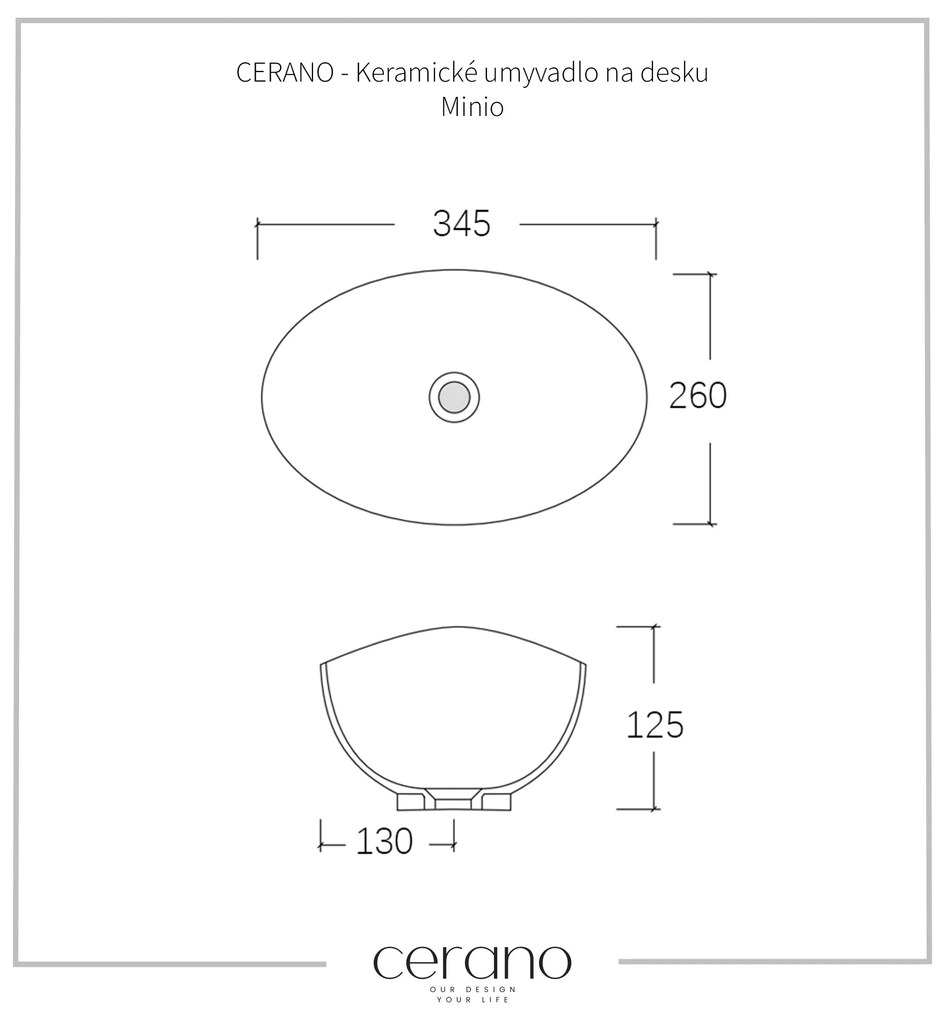 Cerano Minio, keramické umývadlo na dosku 34,5x26 cm, biela lesklá, CER-CER-476999