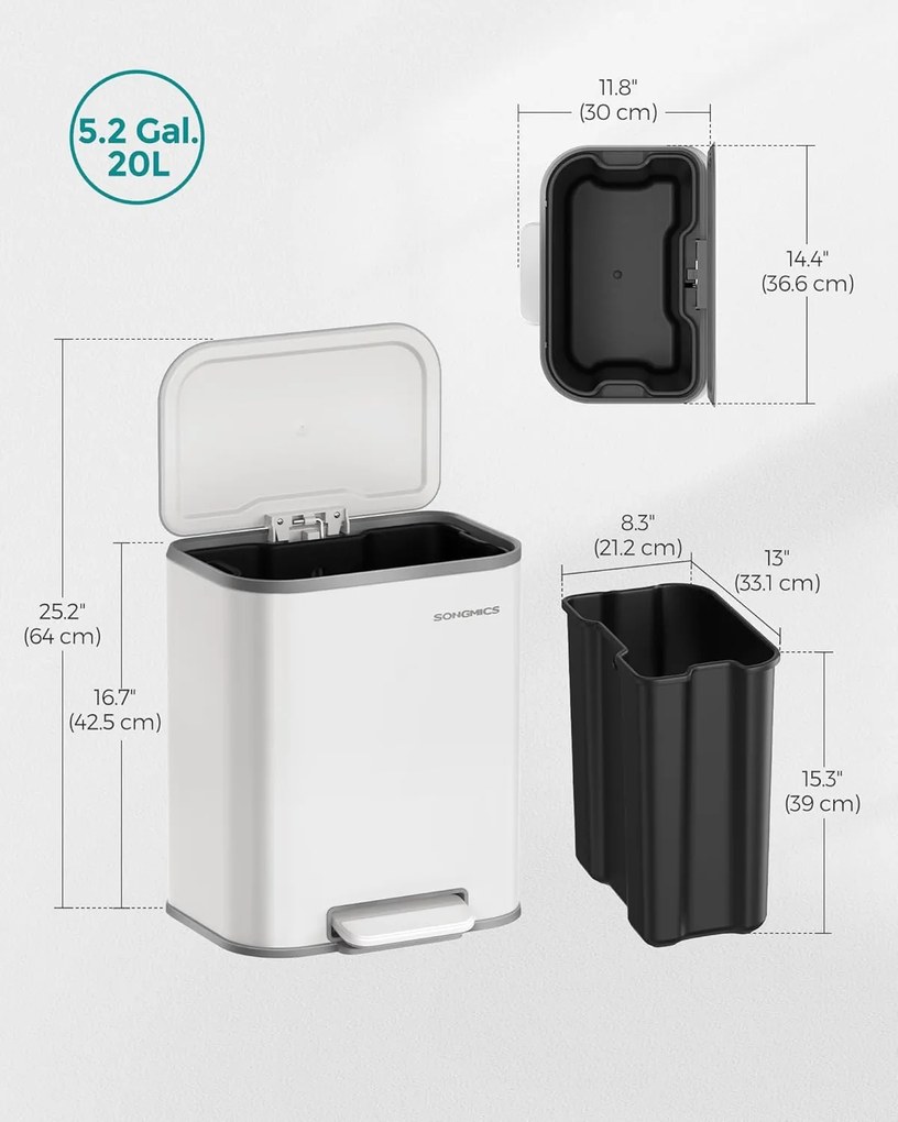 SONGMICS pedálový kôš 20L s vekom s mäkkým zatváraním, biely